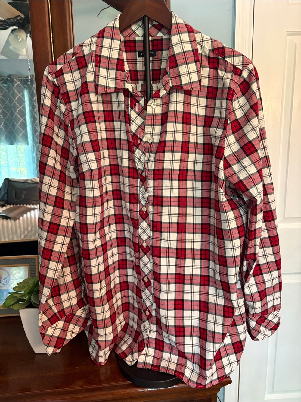 Talbot’s Women’s Classic Red Plaid Button-Up Shirt with gold foil thread.